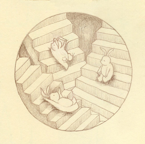Three bunnies on stairs