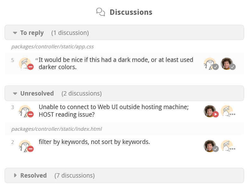 Reviewable discussion matrix showing participant dispositions per thread
