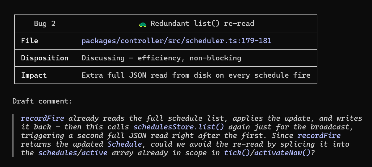 agent drafts a code review in terminal