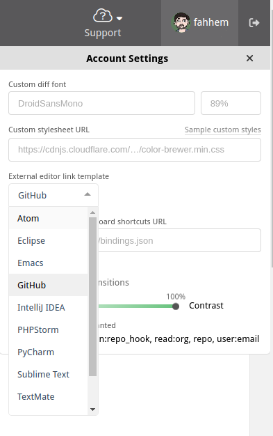 External editor link template dropdown, with GitHub highlighted