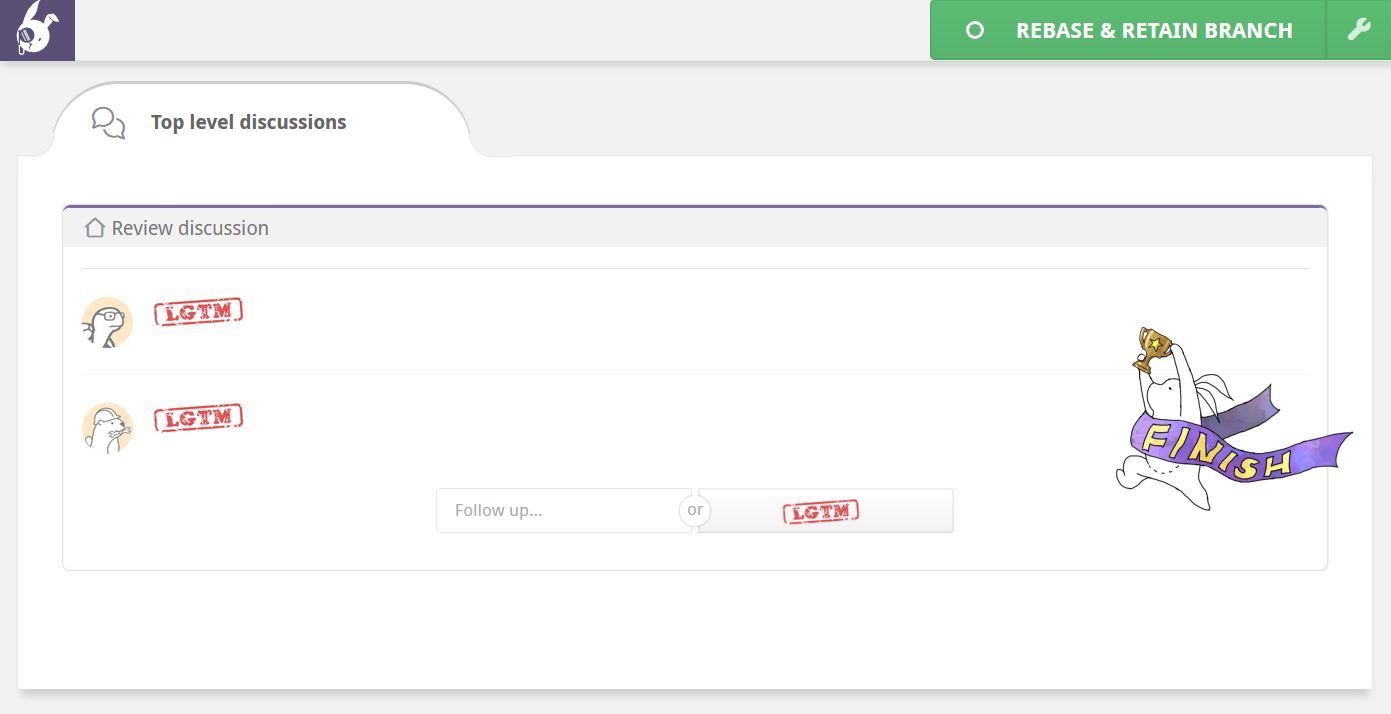A completed Reviewable code review showing LGTM stamp approvals and a green Merge button